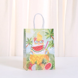 Detail of summer-themed paper gift bag with pineapple gnome design and rope handles