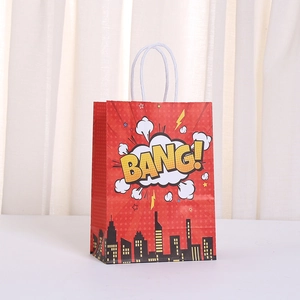 Comic style city hero gift paper bag with red background and yellow BANG! explosion print