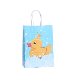Light blue gift bag with yellow duck pattern and white paper handles for shopping