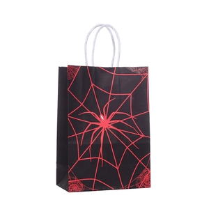 Halloween black gift paper bag featuring red spider and web pattern with white handles