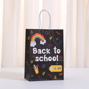Back to school gift paper bag with colorful stationery illustrations and white rope handle