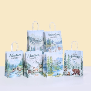 Forest Adventure Theme Paper Gift Bag Kraft Paper Handbag With Mountain Forest Watercolor Illustration Party Favor Bag