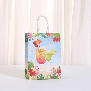 Vertical paper gift bag with tropical summer flamingo and hibiscus flower patterns