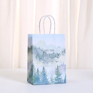 Forest adventure kraft paper gift bag with mountain landscape and twist handles