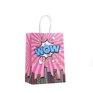 Pink pop art city hero candy gift bag with WOW graphic and white twisted handles