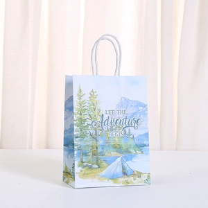 Forest adventure kraft paper gift bag with mountain print and 'Let The Adventure Begin' text