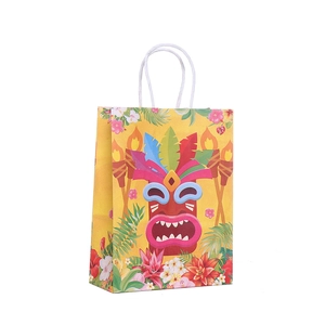 Tropical Tiki party favor paper bag with hibiscus flowers and tiki mask on yellow background