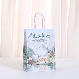 Adventure AWAITS kraft paper gift bag with forest illustrations and white rope handles