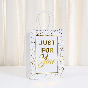 White and gold gift bag with JUST FOR YOU text and twisted rope handle for weddings