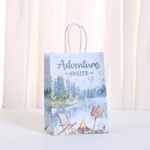 Forest adventure themed paper gift bag with watercolor scenery and cotton rope handles