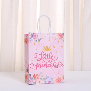 Pink floral Little Princess gift paper bag with gold crown and white rope handles