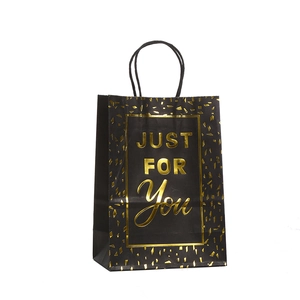 Matte black paper gift bag with gold foil 'JUST FOR You' text and rope handles