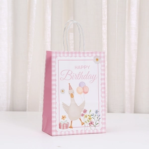 Pink checkered kraft paper gift bag with cute duck and HAPPY Birthday party graphics