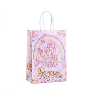 Pink princess castle paper gift bag with white rope handles for birthday parties