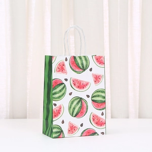 Detailed view of a watermelon pattern paper gift bag with white twisted rope handles