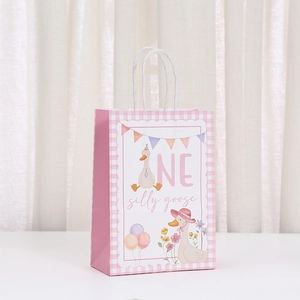 Pink checkered gift bag with ONE silly goose cartoon duck and birthday party theme