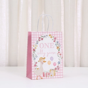 Pink checkered gift bag with cartoon goose and ONE silly goose text for first birthday