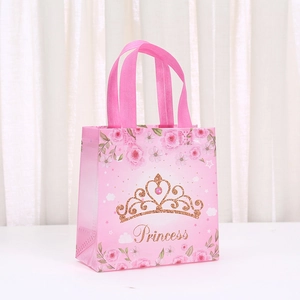 Pink Princess non-woven gift bag with floral prints and a glitter tiara pattern