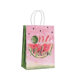 Watermelon themed kraft paper gift bag with one IN A Melon print and white rope handle