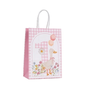 Pink checkered gift bag with cartoon duck and number 1 for first birthday celebrations