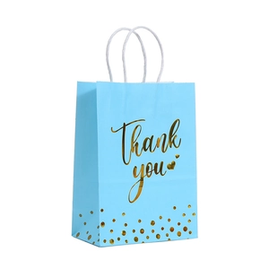 Bolsa de regalo de papel azul claro con asas blancas y letras doradas de Thank You