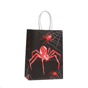 Large black paper gift bag with red spider and white web print for Halloween shopping