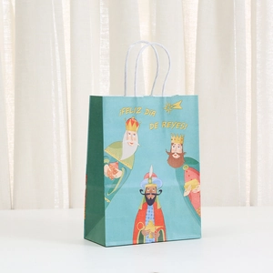 Three Kings Day kraft paper gift bag with turquoise illustration and white rope handle