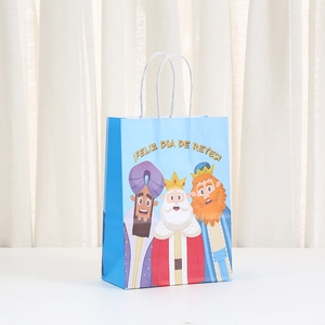 Three Kings Day gift bag featuring cartoon Magi illustrations and blue kraft paper
