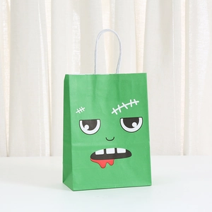 Green Halloween monster paper gift bag with handle and cartoon Frankenstein print