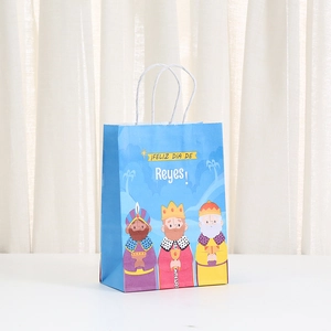 Three Kings Day kraft paper gift bag with cartoon kings and blue festive patterns