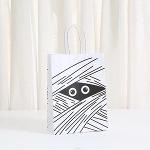 Halloween mummy printed white kraft paper gift bag with durable rope handles for candy