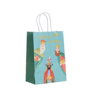 Three Kings Day kraft paper gift bag with handles and Feliz Día de Reyes print