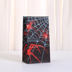 Halloween kraft paper gift bag with red spider print and blue web patterns