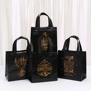 Christmas Gift Bags Non-woven Gold Stamping Reindeer Christmas Tree Pattern Holiday Party Favor Bags Black Gold Elegant Tote Bags