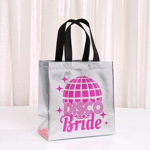 Silver laser non-woven gift bag with pink Disco Bride print and black handles