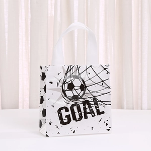 Creative soccer gift bag with GOAL text print and durable white woven handles