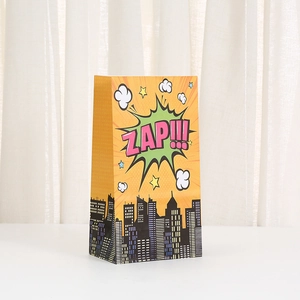 Urban Hero ZAP print yellow kraft paper shopping bag with city silhouette and handle