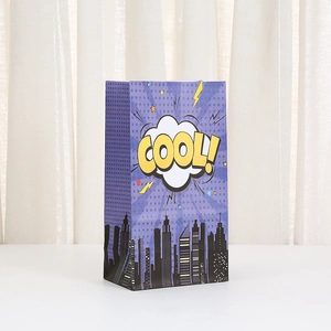 Blue polka dot paper shopping bag with yellow COOL pop art design and city skyline silhouette