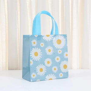 Daisy printed light blue kraft paper gift bag with handles for parties and shopping