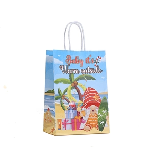 Cartoon Santa Claus beach party paper gift bag with tropical Christmas pattern