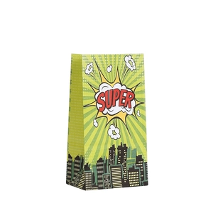 Comic style green superhero gift bag with yellow explosion pattern and SUPER print