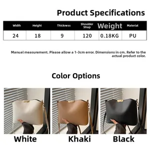Detailed size chart for the PU shoulder bag with 24x18x9cm dimensions and metal trim