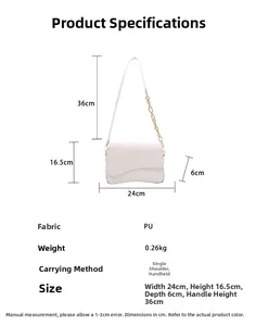 Tabella taglie dettagliata per borsa a spalla in pelle PU con tracolla a catena e patta