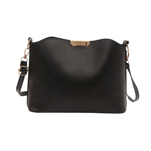 Retro black PU leather shoulder bag with gold hardware and wavy top trim for women