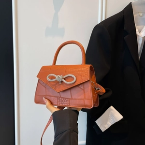 Women Fashion Crocodile Pattern PU Leather Handbag Rhinestone Bow Decoration Shoulder Crossbody Square Bag For Party Daily