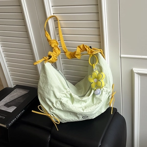 Women Nylon Hobo Shoulder Bag With Ruched Strap Flower Charm Large Capacity Dumpling Bag For Casual Daily Commuting