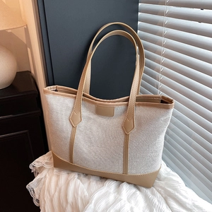 Large Capacity Women Canvas Tote Bag With Synthetic Leather Trim Minimalist Commuting Shoulder Bag Casual Vintage Bag