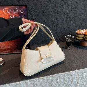 Bolso de Axila de Moda para Mujer en Cuero PU Grano de Lichi con Decoración de Lazo Bolso de Hombro Baguette Minimalista Fiesta