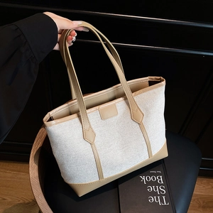 Canvas tote bag with khaki leather trim, large commuter shoulder bag for women