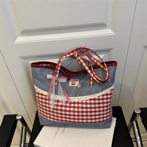 Damen Denim Gingham Patchwork Tragetasche Koreanisch Pastoral Spitzenkante Umhängetasche Mit Schleife Kirsch-Patch Handtasche